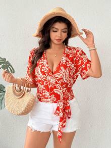 Elenzga Plus Size Women's Printed V-Neck Tie Front Short Sleeve Shirt, Casual Beach Holiday Tropical Party Summer Celebration - Multicolor - View 6