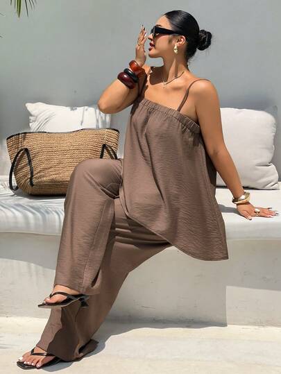 Dazy Plus Summer New Women's Vacation Outfit Solid Color Casual Camisole Top And Long Pants Plus Size 2-Piece Set Lounge Sets For Women Short Sets For Women