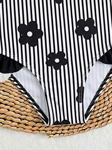 Young Girls Striped & Floral Print Spaghetti Strap Ruffled Hem One-Piece Swimsuit, Suitable For Vacation, Beach, Pool - Multicolor - View 3