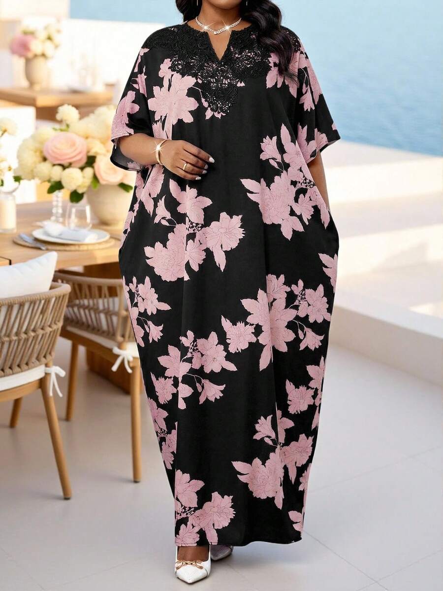 SHEIN Lady 大码春夏优雅通勤办公波西米亚休闲外出彩色编织缺角舞会礼服一件式袖贴花束腰连衣裙卡夫坦长袍短袖大码连衣裙端庄连衣裙阿巴雅长袍办公连衣裙孕妇大码连衣裙大码碎花连衣裙碎花大码连衣裙曲线连衣裙大码碎花连衣裙女士大码连衣裙大码女装 - 彩色 - 查看 1