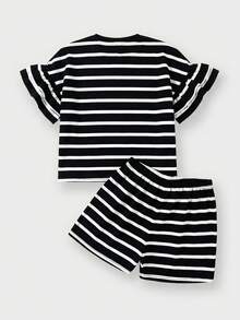 SHEIN 2pcs/Set Tween Girls' Round Neck Short Sleeve Striped Ruffle Sleeve T-Shirt And Striped Shorts - Black and White - View 2