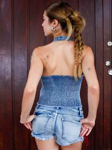 Ananda Vibes Quần short denim mini gợi cảm cạp thấp Y2K phong cách thể thao ba lê cổ điển dành cho nữ có logo thêu họa tiết dây rút - Màu xanh nhạt - Xem 2