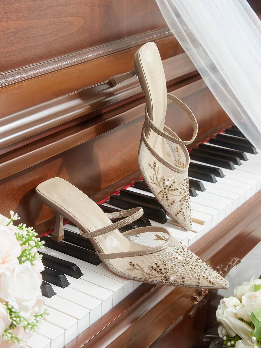 CUCCOO HITCHD Giày cao gót mũi nhọn, thoáng khí, lưới đính đá, khoét rỗng, thêu họa tiết thời trang, thanh lịch, đa năng, gợi cảm, kiểu dáng cổ tích, dự tiệc, màu mơ. - Màu be - Xem 1