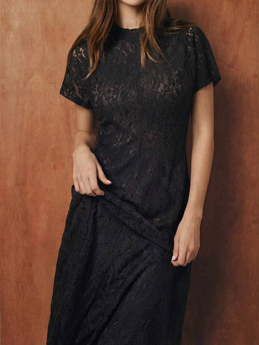 Maija Elegant Lace Waist Cinched Long Sleeve Dress For Women Black Lace Dress Zanea Dress For Woman Ladies Dresses São João Women's Clothing Mother's Day Lace Dress For Women Elegant Lace Dress Country Concert Outfit Evening Outfits Winter Outfits - Black - View 1