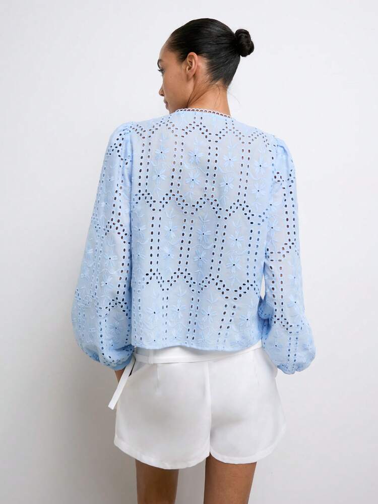 SHEIN Maija Blue Embroidered Women's Blouse, Long Sleeve Round Neck With Ruffle Trim, Short Casual Holiday Style