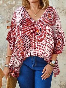 Plus Size Women Floral Print V-Neck Loose Casual Boho Shirt Vacation Burnt Orange Summer - Pink - View 1