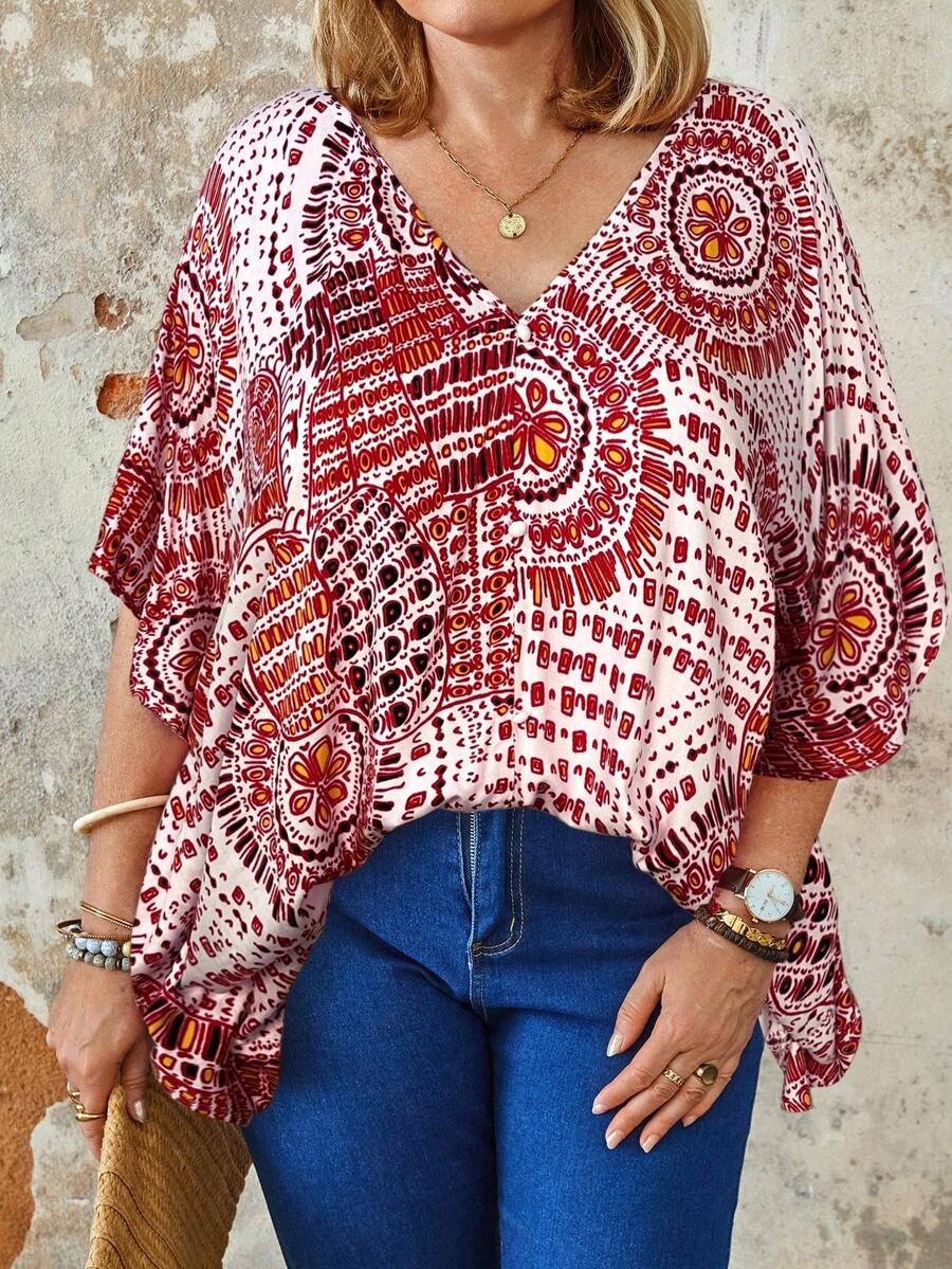 Plus Size Women Floral Print V-Neck Loose Casual Boho Shirt Vacation Burnt Orange Summer - Pink - View 1