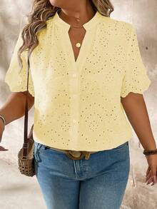 Momelise Plus Size Women Embroidered Hollow-Out Button-Down Shirt, Short Sleeve - Light Yellow - View 4