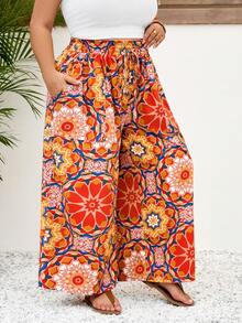 SHEIN CURVE+ Quần ống rộng dáng rộng họa tiết da báo dành cho nữ cỡ lớn, có bèo nhún, thắt dây phía trước và túi, phong cách boho, thích hợp cho kỳ nghỉ. - Nhiều màu - Xem 7
