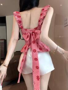 Joudiya 春夏红色花卉刺绣格纹蕾丝衬衫，修身腰身，白色蕾丝荷叶边下摆，优雅女士办公室短袖衬衫 - 紅色 - 查看 5