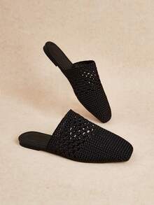 Women's New Fashion Woven Hollow Slip-On Flat Square Toe Loafers - Black - View 6