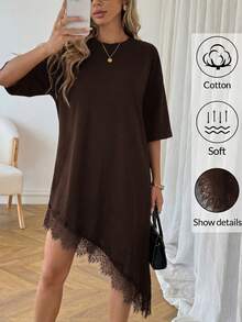 SHEIN LUNE Women's Casual Solid Color Lace Patchwork Summer Vacation Commute Daily Basic Fashion Asymmetrical Hem Short Sleeve Mid-Length Dress - Brown - View 6