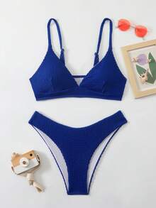 Swim Basics Solid Color Spaghetti Strap Comfortable Breathable Ribbed Fabric Summer Bikini Swimwear - Royal Blue - View 6