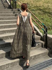 FRIFUL 女士深V领蕾丝边印花休闲简约派对外出连衣裙波西米亚风 - 綠色 - 查看 3
