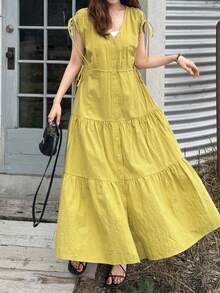 FRIFUL Vestido de línea A sin mangas con cordones ajustables en los hombros, vestidos de verano para mujeres - Amarillo - Ver 4
