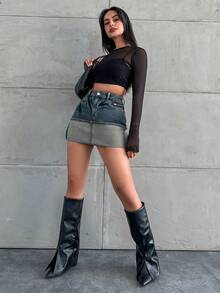 ZIRRA Women Blue Washed Mini Denim Skirt With Contrast Hem - Dark Wash - View 3
