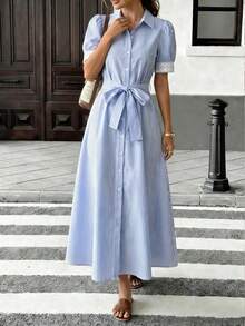 Pariaura 女士蓝色条纹蕾丝边泡泡袖衬衫裙，腰间系带 - 优雅休闲中长连衣裙，适合办公室和日常穿着 - 藍白色 - 查看 5