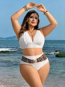 Swim Lushoire Plus Size Women Beige Wavy Pattern Bikini Set, Triangle Top And Bottom, Beach Vacation Swimwear - Multicolor - View 5