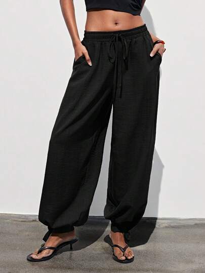 Maija Women's Casual Pocketed Drawstring Waist Baggy Harem Pants, Versatile For Daily Wear Baggy Pants For Women Summer Festival Party Beach Wedding Graduation Elegant Casual Vacation Formal Y2k Country Business Work Outfits For Women Baggy Wide Leg Pants For Women