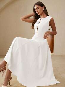 Aveloria Modichic Elegantes, anmutiges, schickes, luxuriöses Modekleid mit rundem Ausschnitt, exquisiter Perlenapplikation vorne, taillierter Taille und ärmellos - Weiss - Übersicht 2