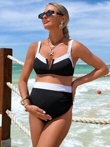 SHEIN Bộ đồ bơi nữ mùa hè 26SS cơ bản, thoải mái, dành cho bà bầu, thích hợp cho kỳ nghỉ, hẹn hò, trà chiều, phong cách miền Tây, du thuyền, biển, đảo, du lịch đường bộ, mọi mùa, lễ hội âm nhạc, kỳ nghỉ Boho, kỳ nghỉ Bohemian, mùa thu thư giãn, phong cách Boho miền Tây, áo bơi thanh lịch dành cho nữ. - Đen và trắng - Xem 10