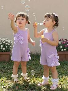 SHEIN Playful Pals Baby Girls' Casual Sleeveless Elastic Ribbed Romper With Bow Decor, Short Jumpsuit For Summer, Pink - Purple - View 4