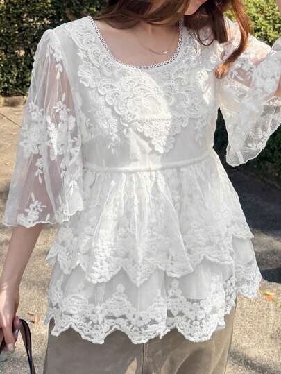 FRIFUL Áo kiểu nữ mùa hè phối lưới thêu họa tiết dáng rộng