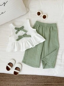 SHEIN 2pcs/Set Baby Girl Summer Casual Cute Sweet Bow Decor Camisole&Elastic Waist Pants Set Clothes Outfits For Girls Spring Toddler - Multicolor - View 6