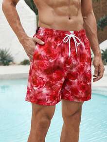 Manfinity Swimmode 男士印花抽绳腰带休闲沙滩短裤 - 紅色 - 查看 3