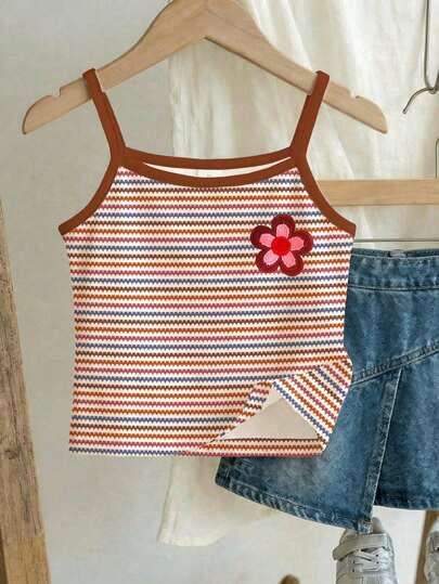 SHEIN Dopamine Colorful Striped, Retro Sweet Floral Embroidery Pattern, BM Girl, Chic, Young Girl Casual Minimalist Camisole Suitable For Spring/Summer Daily Wear, Outdoor, Vacation, Homecoming, Easy Comfort, Stylish Kids, Spring & Summer Outfits Casual Wear, Kids Floral Striped Graphic Tops, Summer New Style, Spring & Summer Fashion, Girly Style