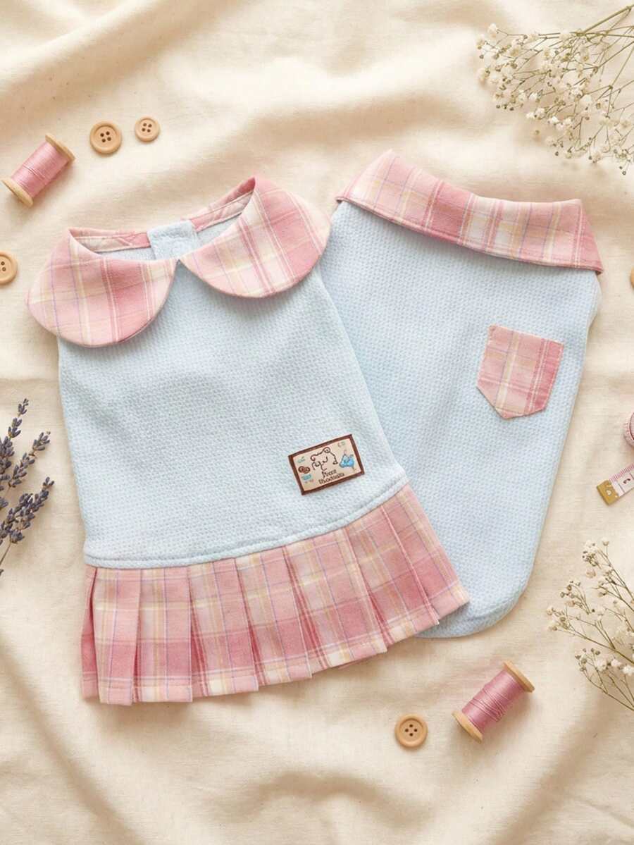 PETSIN Conjunto de ropa de pareja de mascota con estilo preppy a cuadros rosa y azul, conjunto de collar, falda plisada y chaleco con bolsillo para gatos y perros, para usar en primavera/verano - Multicolor - Ver 1