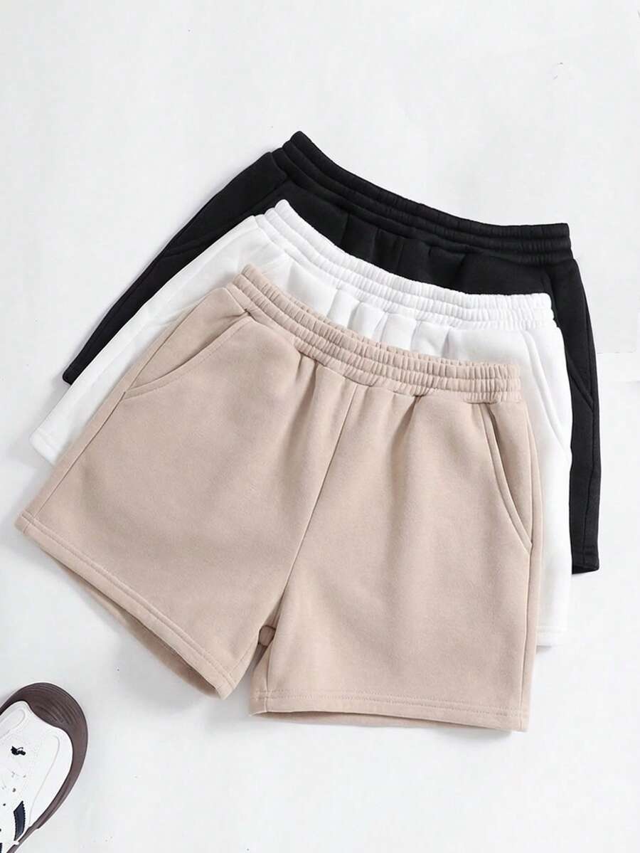 SHEIN 3 pares de pantalones cortos de punto de unicolor casuales para niñas preadolescentes - Albaricoque - Ver 1