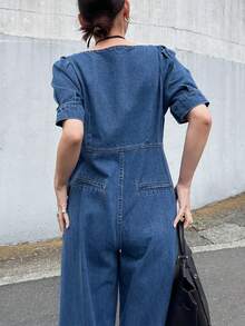 Bộ áo liền quần denim nữ kiểu dáng thường ngày, thích hợp cho mùa xuân/hè. - Màu xanh lam - Xem 7