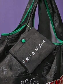 FRIENDS X SHEIN 2个可爱卡通人物印花涤纶纤维可折叠购物袋/手提袋，配有一个带珠链的小收纳袋，可挂在袋子上，俏皮可爱，充满爱意，是送礼佳品，适合派对、节日、情人节等场合。 - 酒紅色 - 查看 7