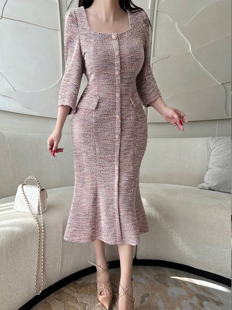 Women's Square Neck 3/4 Sleeve Elegant Midi Dress, Fitted Silhouette, Suitable For Commuting, Spring & Summer