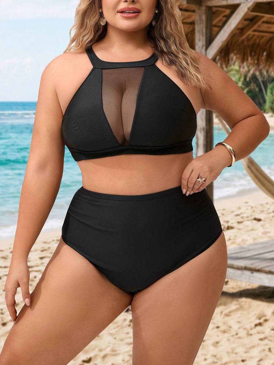 SHEIN CURVE+ 2026新款加大码夏季沙滩纯色比基尼套装，两件式比基尼套装，夏季度假沙滩装，女士沙滩装，泳装 - 黑色 - 查看 1