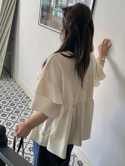 Dazy Plus Plus Size Women's Loose Casual Solid Color Round Neck Flare Sleeve Patchwork Lightweight Thin Fabric Pleated Waist T-Shirt, Spring & Summer