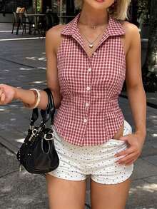 Siren Gaze 女士格子单排扣休闲露背吊带衬衫 - 彩色 - 查看 9