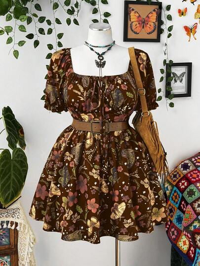 Sunspun Đầm nữ cỡ lớn thanh lịch phong cách retro màu đen in hoa, kiểu bohemian, cổ tròn, dáng chữ A, tay ngắn, viền bèo nhún, thích hợp cho đi chơi hàng ngày, đi học, nghỉ mát, mùa xuân, hè, thu, hoạt động ngoài trời, công sở, Lễ Tạ ơn, ngày lễ, tiệc sinh nhật, lễ hội âm nhạc, Ngày Valentine.