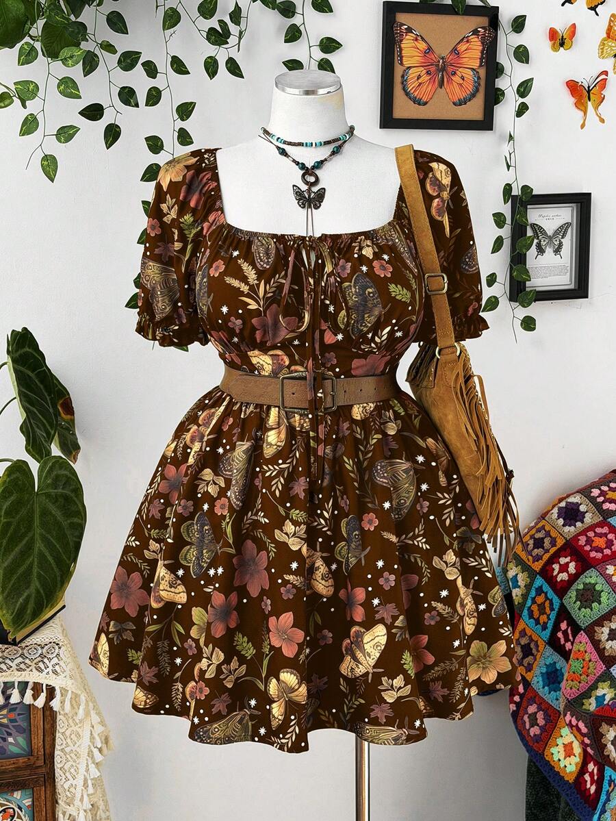 Sunspun Đầm nữ cỡ lớn thanh lịch phong cách retro màu đen in hoa, kiểu bohemian, cổ tròn, dáng chữ A, tay ngắn, viền bèo nhún, thích hợp cho đi chơi hàng ngày, đi học, nghỉ mát, mùa xuân, hè, thu, hoạt động ngoài trời, công sở, Lễ Tạ ơn, ngày lễ, tiệc sinh nhật, lễ hội âm nhạc, Ngày Valentine. - màu nâu - Xem 1