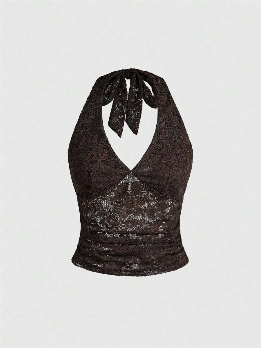 ROMWE Gothic Cross Decor Lace Halter Neck Top For Women - Coffee Brown - View 1