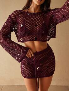 Silquee 宽松亮片沙滩罩衫，休闲短袖度假防晒衫，春夏款 - 酒紅色 - 查看 8