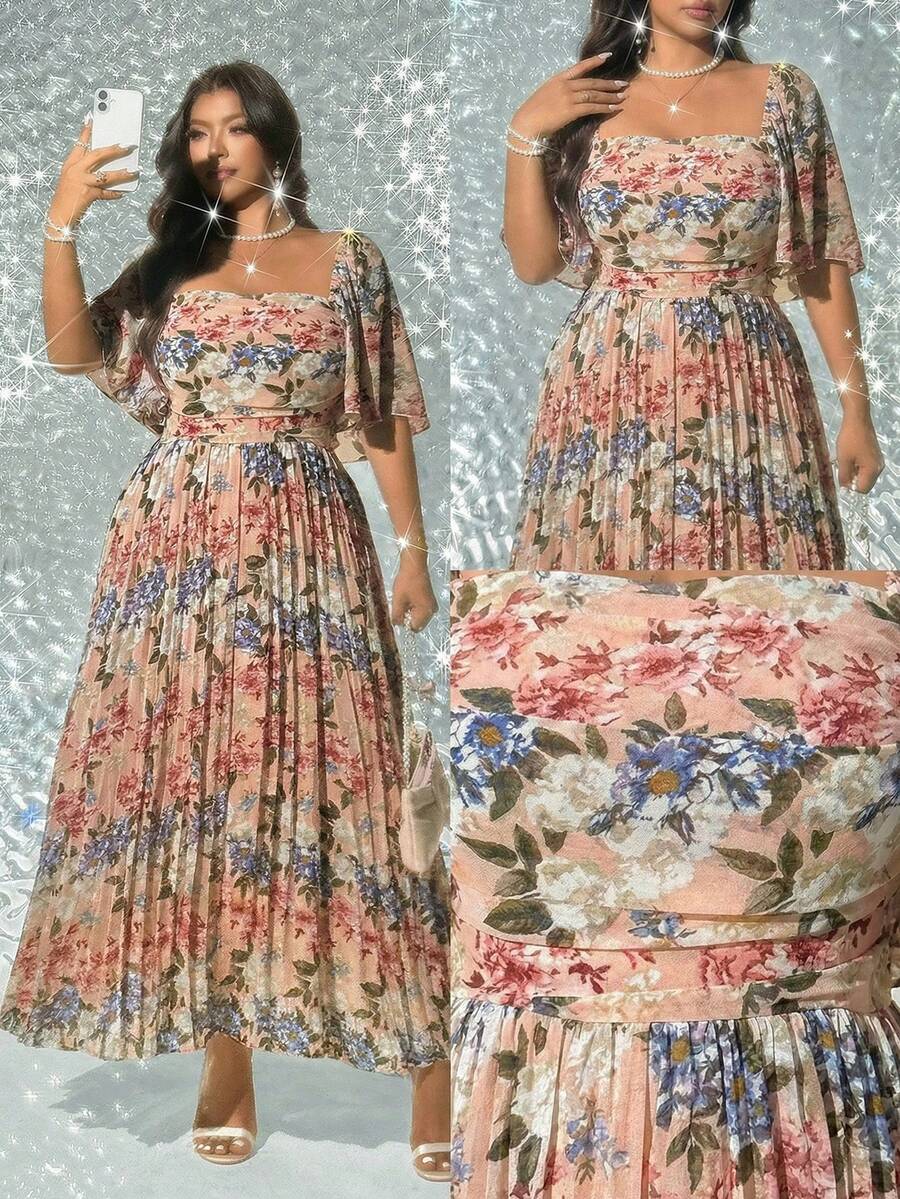 SHEIN Galaire Plus Size Women Elegant Floral Print Long Pleated Dress - Yellow - View 1