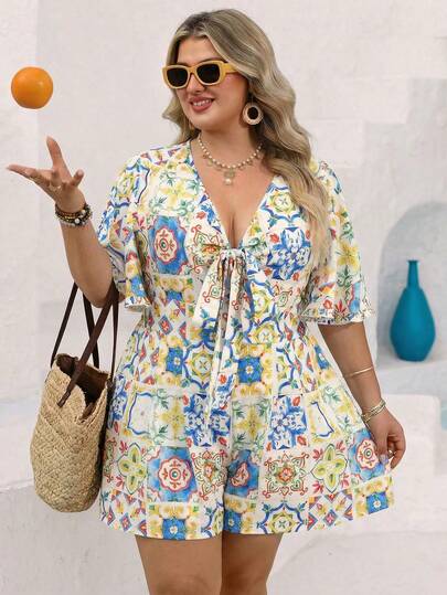 Vivid Eden Plus Size Women's Summer Boho White Vacation Holiday Floral Print Jumpsuit,V-Neck One-Piece Shorts With Straps And Fluffy Sleeves,Beach Outfits Set
