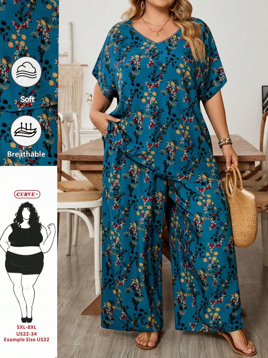 SHEIN CURVE+ 两件套加大码印花V领短袖上衣搭配口袋装饰长裤，夏季女装套装，波西米亚风上衣长裤套装，加大码长裤套装，秋季女装，假日装扮，花卉/度假/春季
