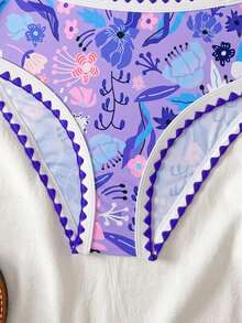 SHEIN 少女不对称热带花卉连体泳衣，不对称镂空设计，带衬里，款式端庄舒适，时尚夏威夷风情，适合游泳、泳池、冲浪、度假、海滩等场合。 - 紫色 - 查看 4