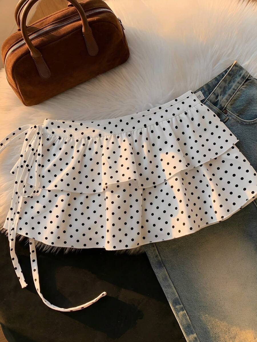 Comfortcana Falda de línea A con volantes en el bajo, con estampado de lunares y lazos laterales, para uso casual y vacaciones de verano para mujeres - Blanco - Ver 1