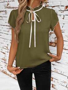 SHEIN Clasi Figurbetonte Damen-Bluse mit Kontrastfarbe und kurzen Ärmeln, Olivgrün, elegant, smart casual, Büro, Sommeroutfit, Lehrerin, Country-Stil, Lehrertag - Armeegrün - Übersicht 3