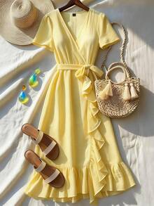 GlowEve CURVE Plus Size Women Ruffle V-Neck Bodycon Vacation Elegant Mid-Length Dress - Yellow - View 5