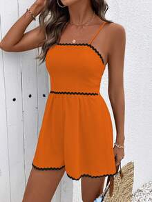 Breezaya Burnt Orange Casual Jumpsuit,Summer Boho Elegant Beach Vacation Holiday,Spaghetti Strap Contrast Color Lace Patchwork Beach Outfit For Women - Coral Orange - View 5
